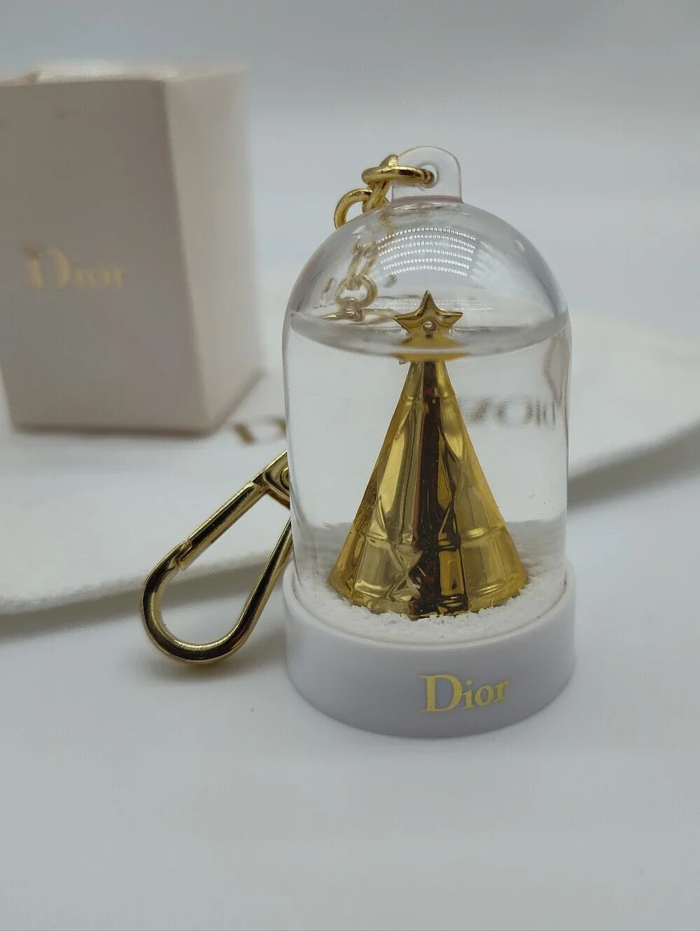 DIOR Snow Globe Keychain Gold Christmas Tree Bag Charm With Dust Bag Japan Rare